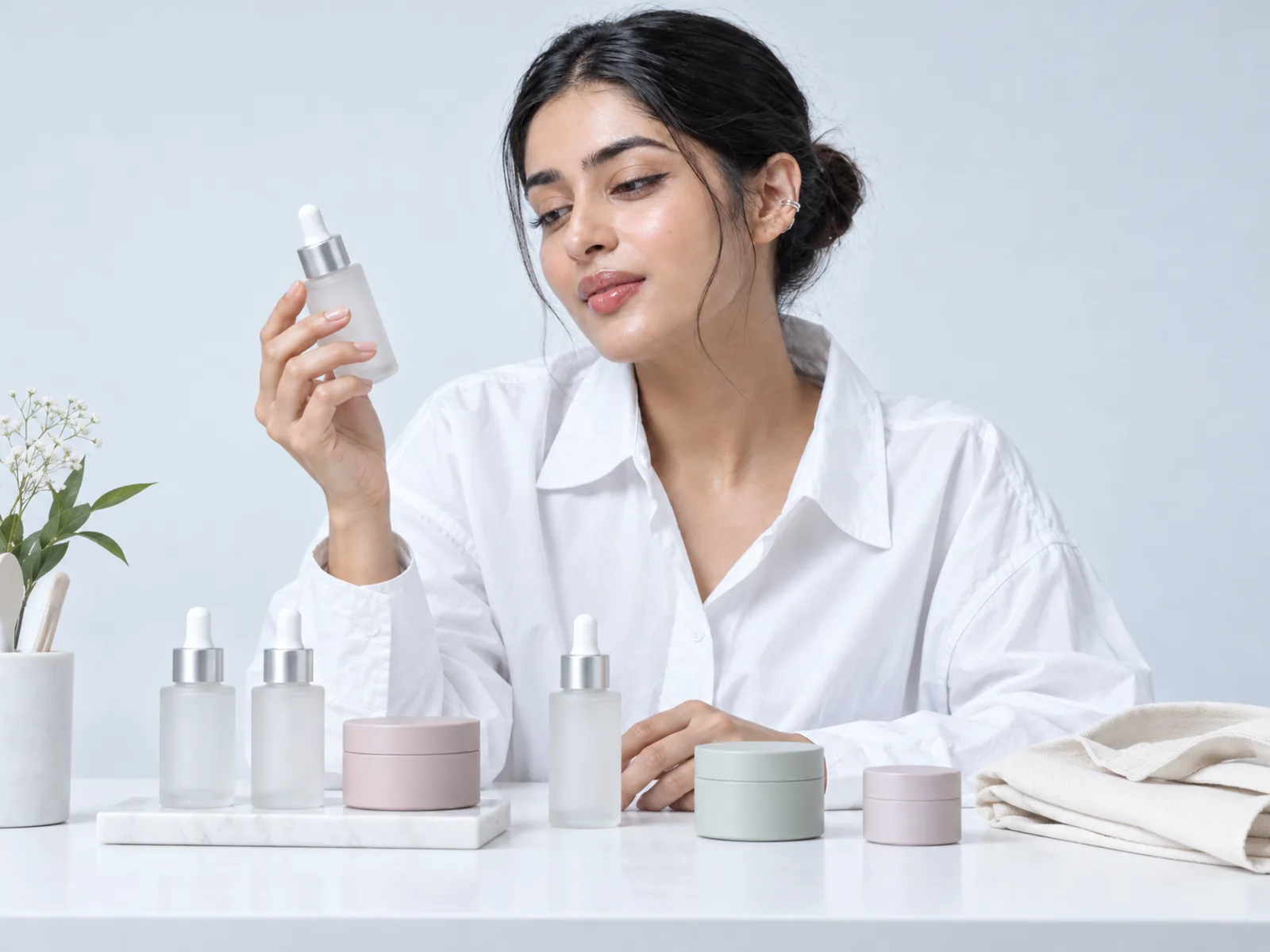 A seller choosing serums and creams from Arta's catalogue to sell